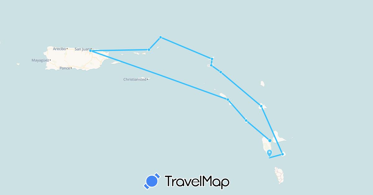 TravelMap itinerary: boat in Antigua and Barbuda, Anguilla, France, Montserrat, Netherlands, United States, British Virgin Islands (Europe, North America)